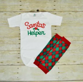 santas helper shirt/bodysuit, Holiday cake smash, christmas outfit, santas helper bodysuit, green and red argyle leg warmers