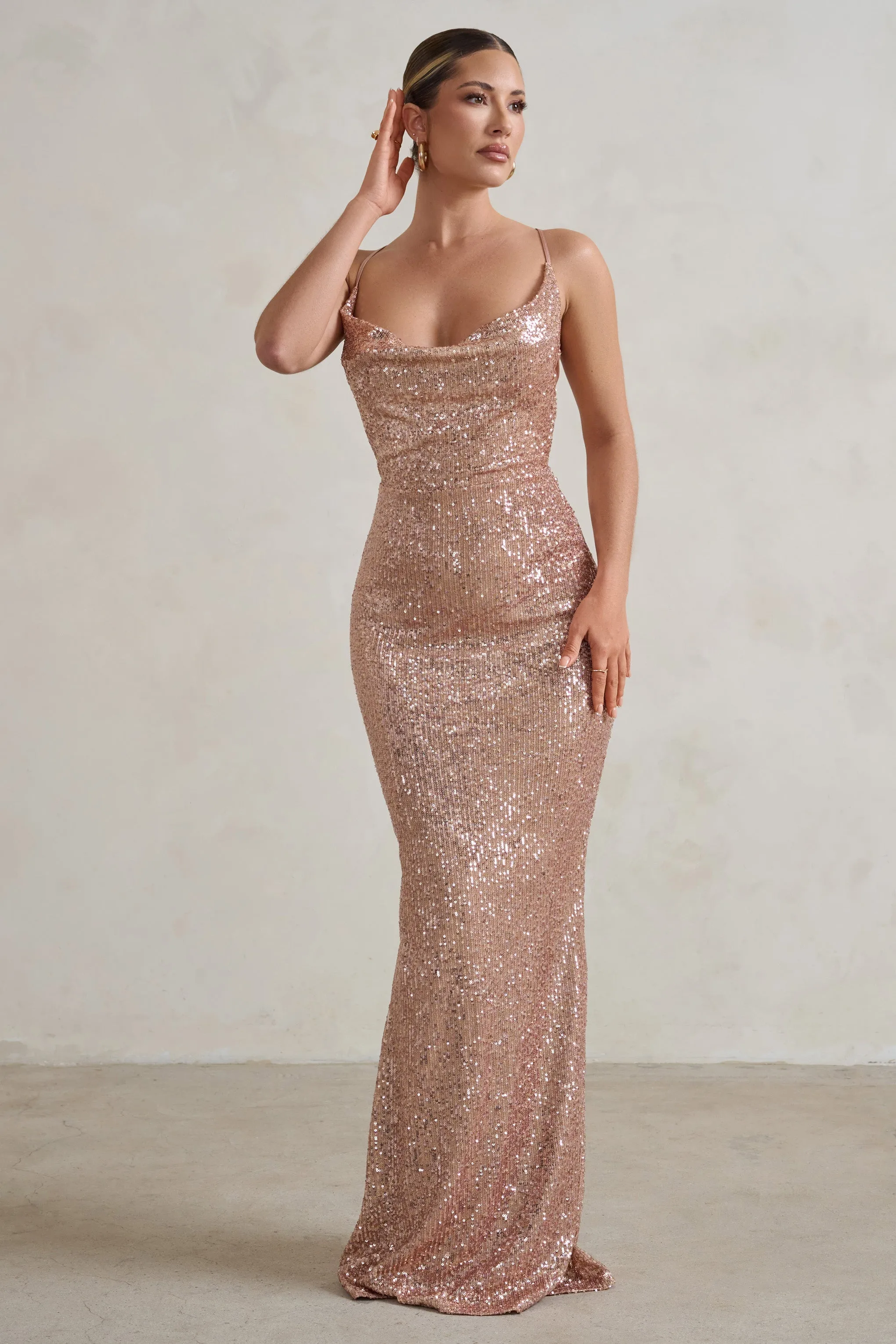 Seeing Stars | Champagne Cowl Cami Sequin Maxi Dress With Waist Tie