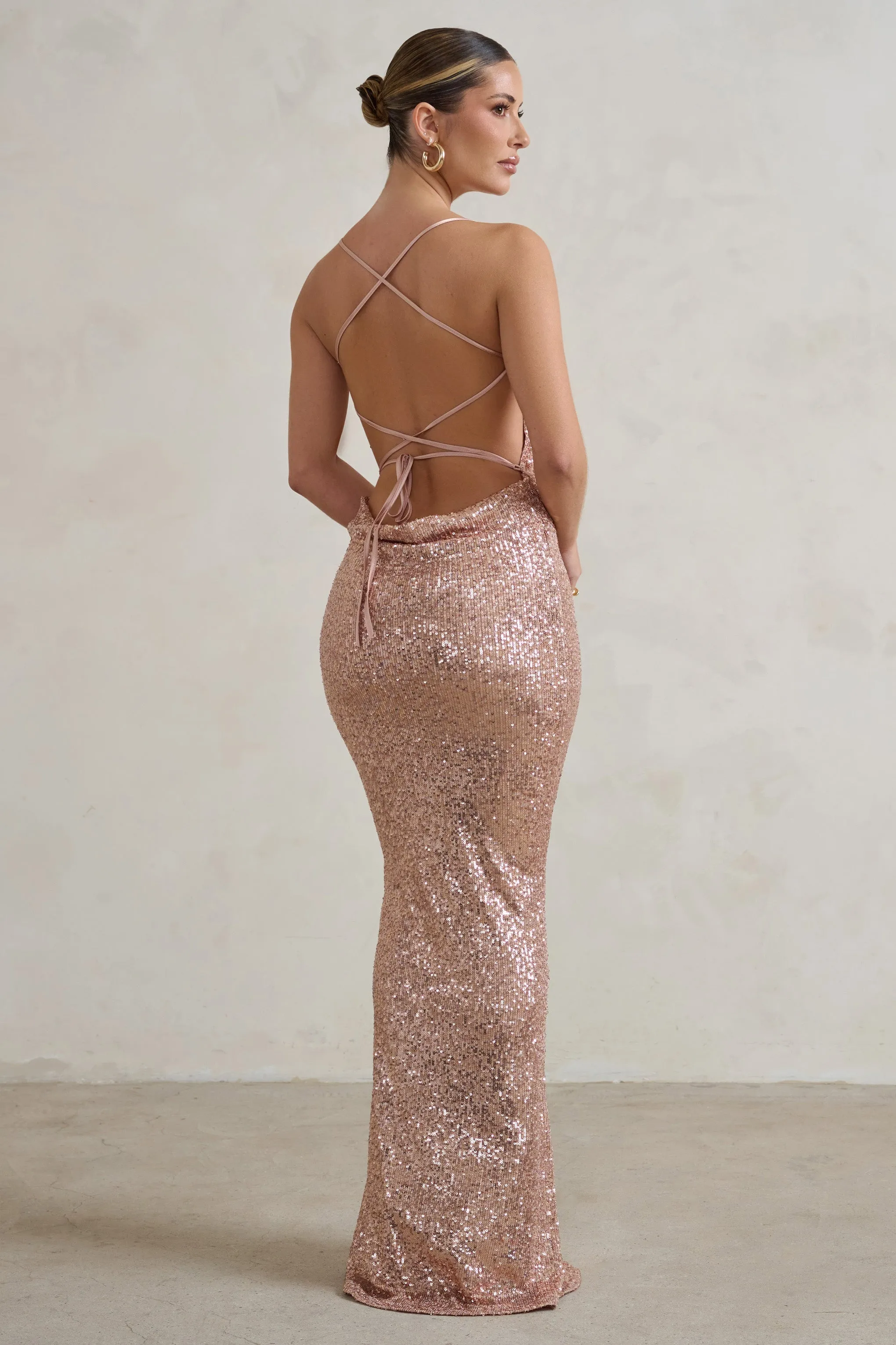 Seeing Stars | Champagne Cowl Cami Sequin Maxi Dress With Waist Tie