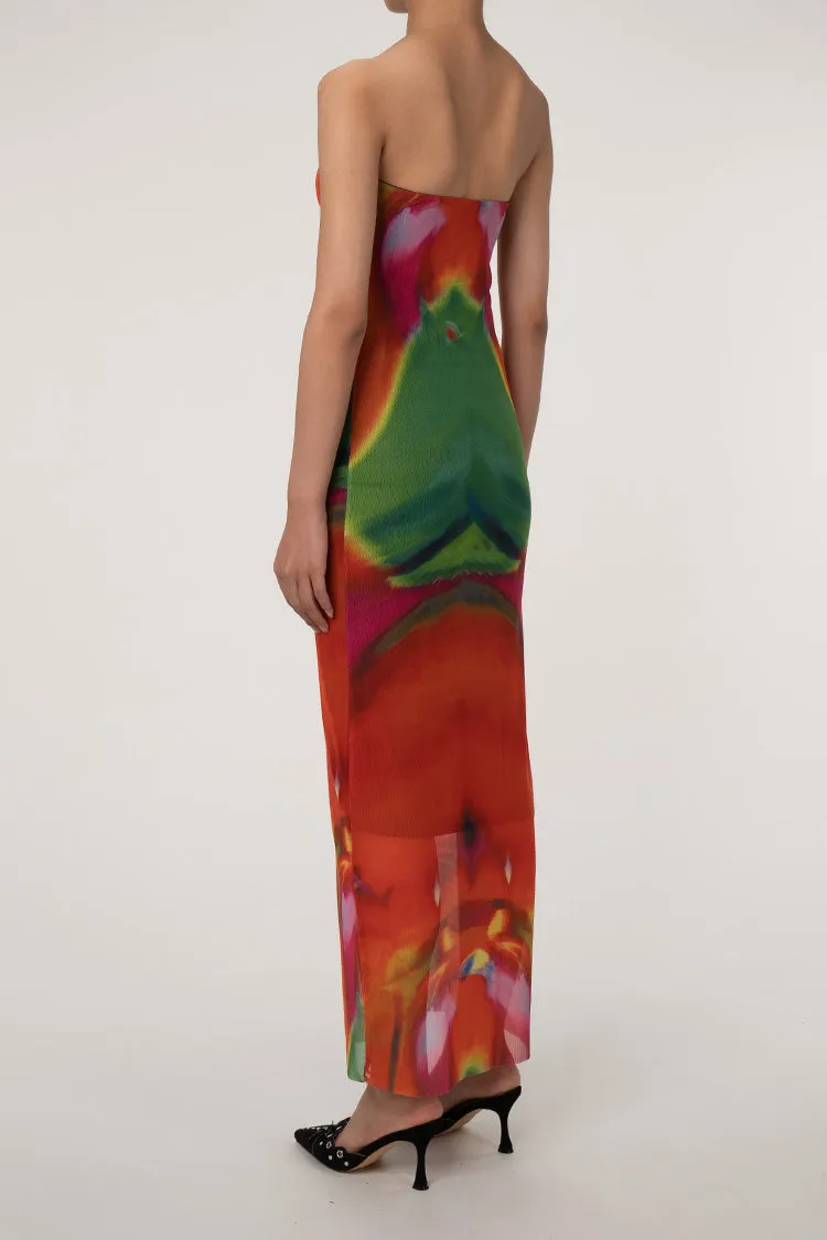 Sexy Bold Abstract Printed Summer Strapless Mesh Maxi Dress - Multicolor