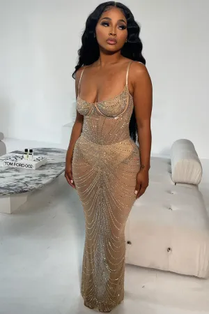 Sexy Rhinestone Bustier Sheer Mesh Sleeveless Split Evening Maxi Dress - Apricot