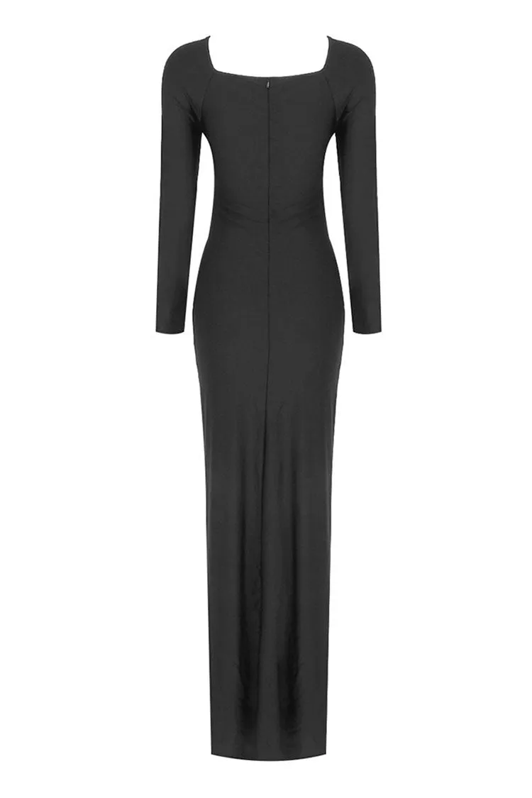 Sexy Twist Bra Knot Cut Out Long Sleeve Bodycon Jersey Evening Maxi Dress