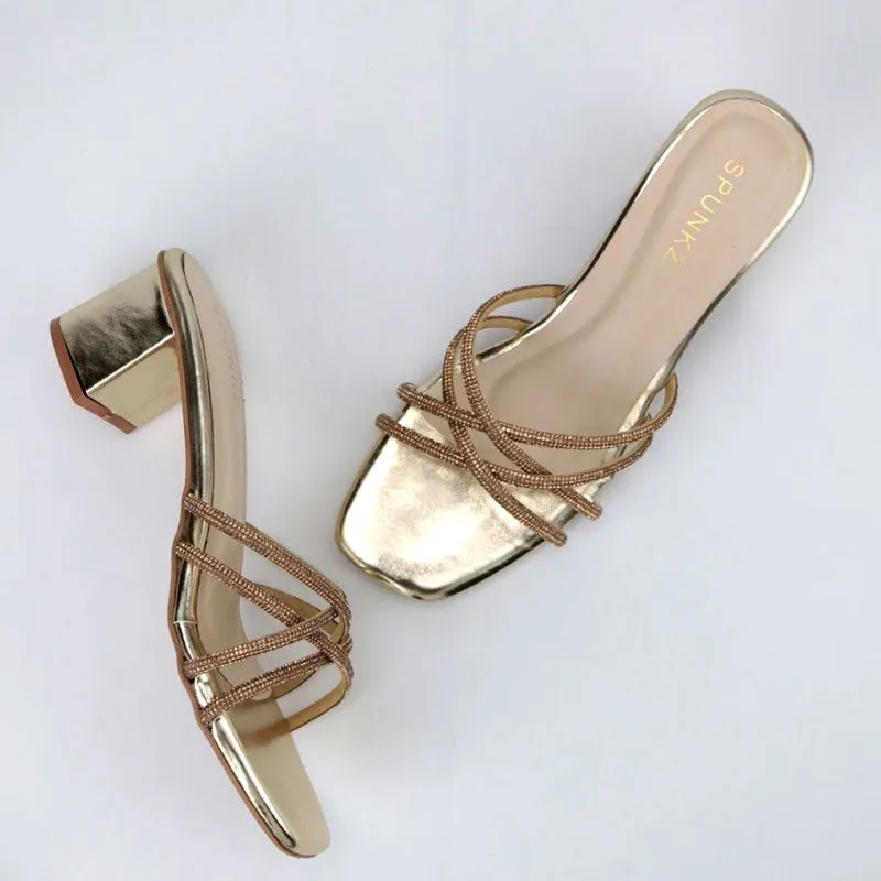 Shiny Rhinestone Strap Slip Resistant Round Toe Block Heels