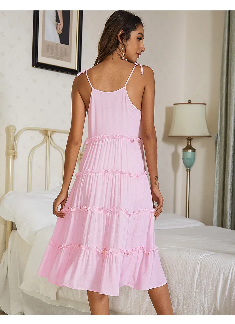 Simple Ruffle Lace Up Pink Casual Summer Dress