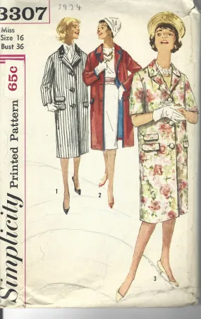 Simplicity 3307 Ladies Lined Coat Vintage Sewing Pattern 1960s