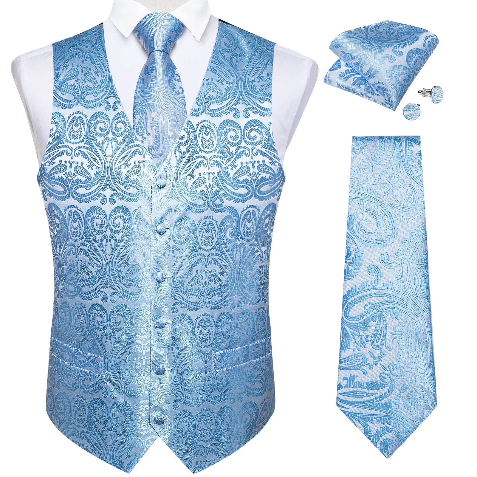 Sky Blue Paisley Jacquard Silk Men's Vest Hanky Cufflinks Tie Set