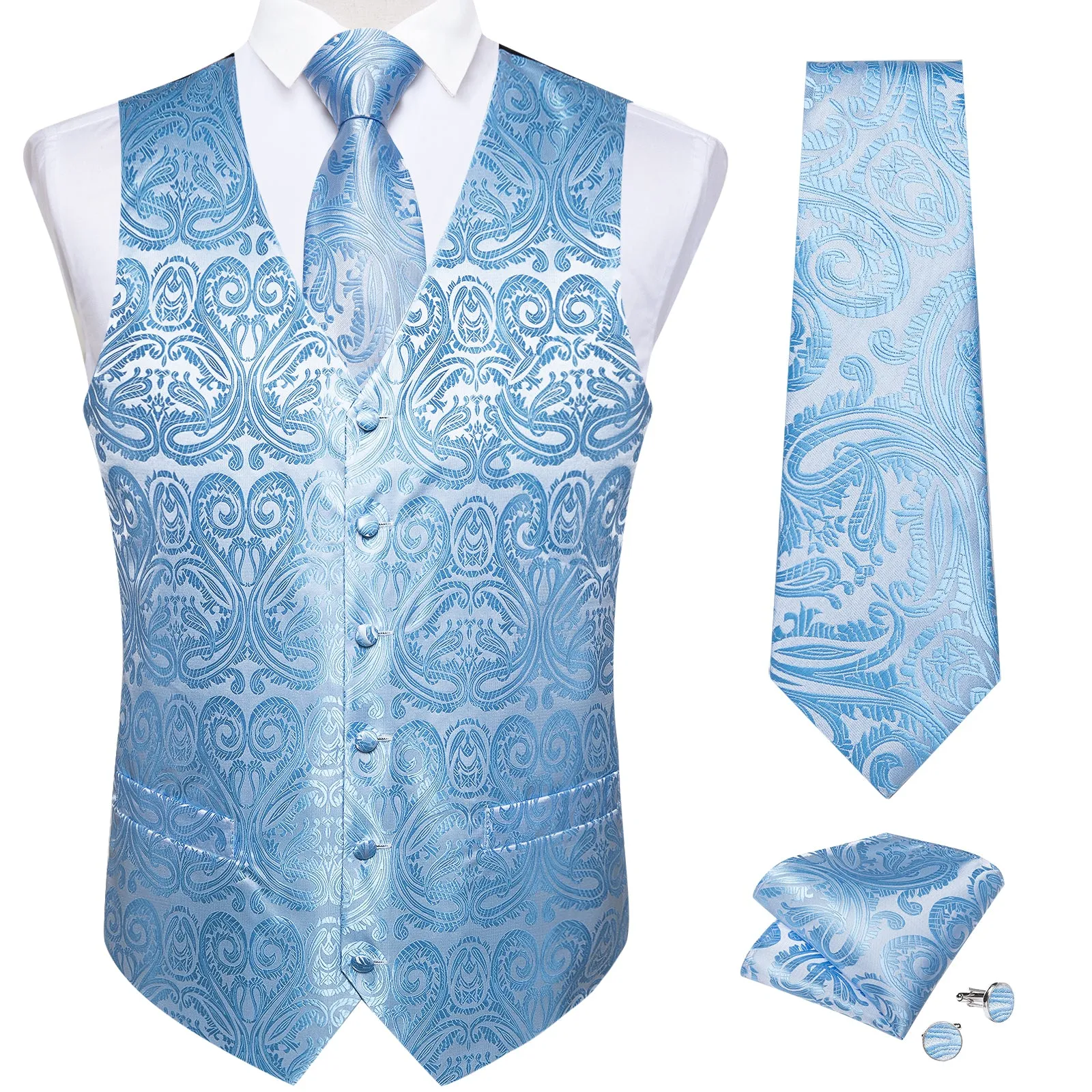 Sky Blue Paisley Jacquard Silk Men's Vest Hanky Cufflinks Tie Set