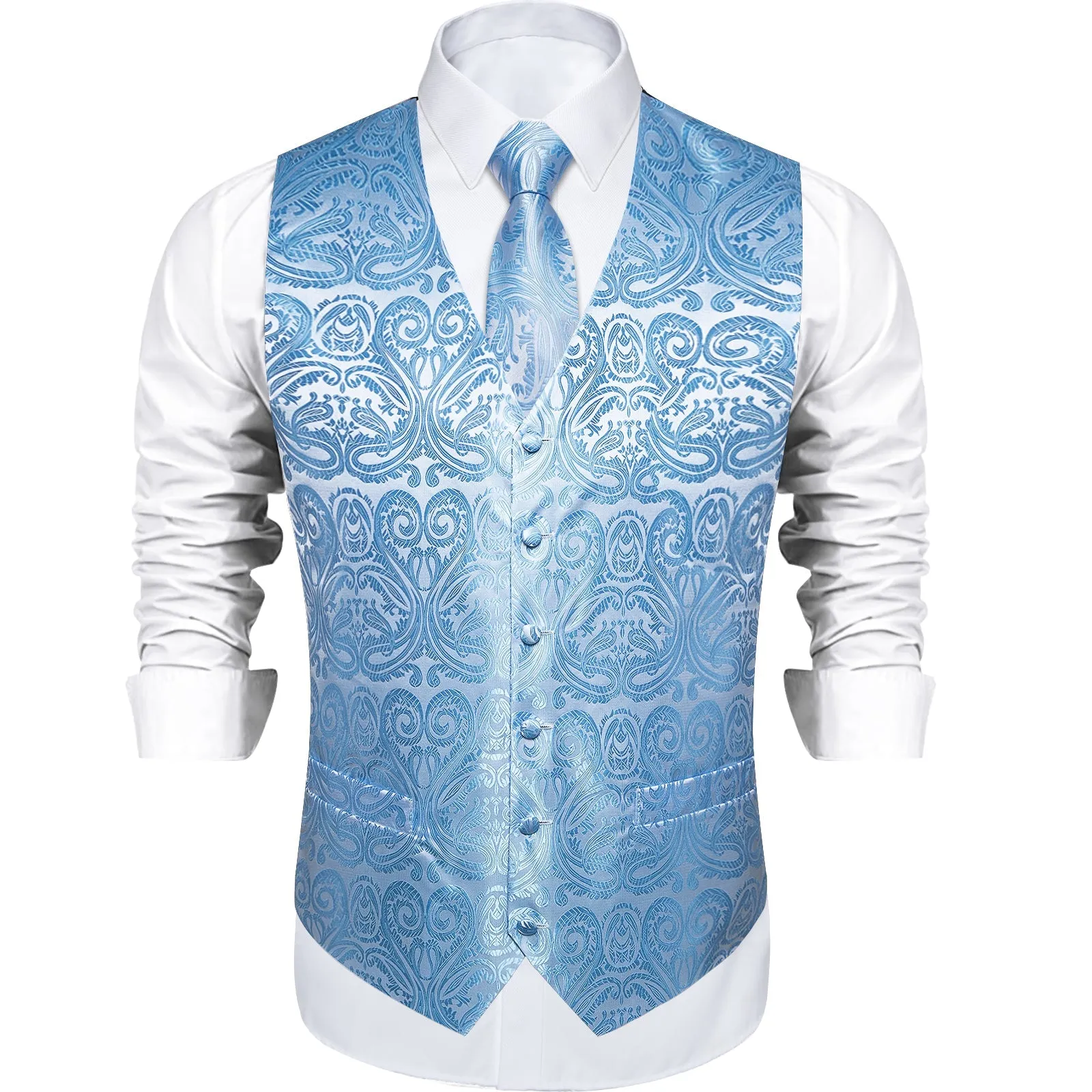 Sky Blue Paisley Jacquard Silk Men's Vest Hanky Cufflinks Tie Set