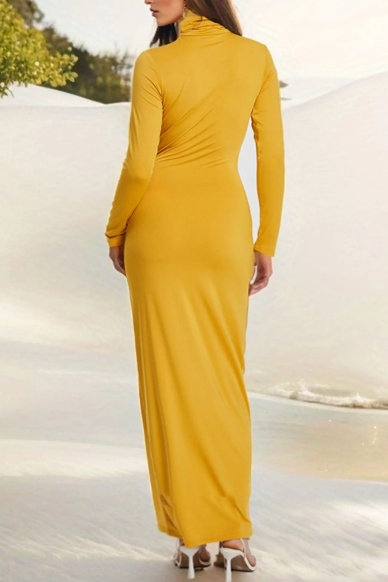 Solid Color Turtleneck Long Sleeve Bodycon Dress