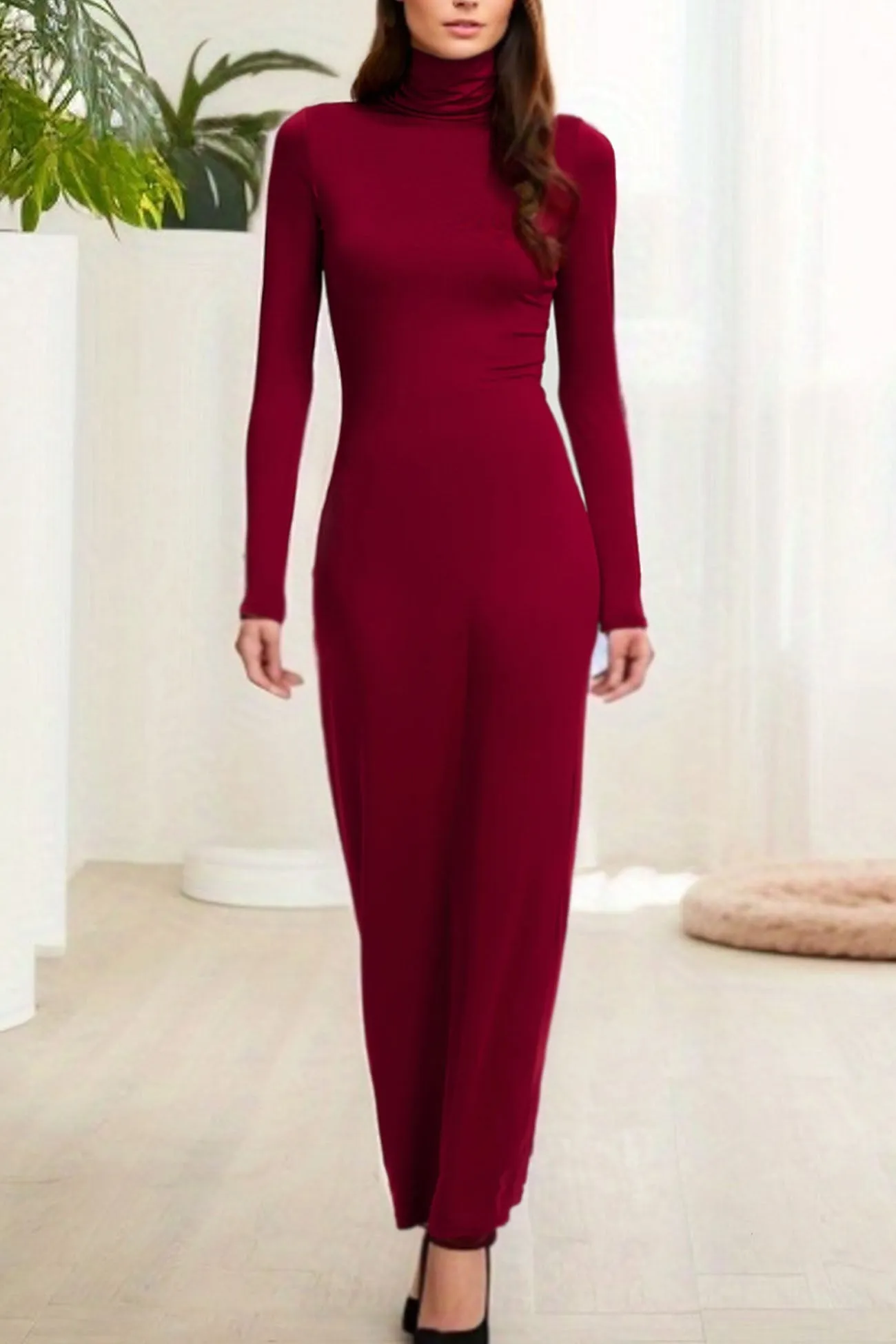 Solid Color Turtleneck Long Sleeve Bodycon Dress