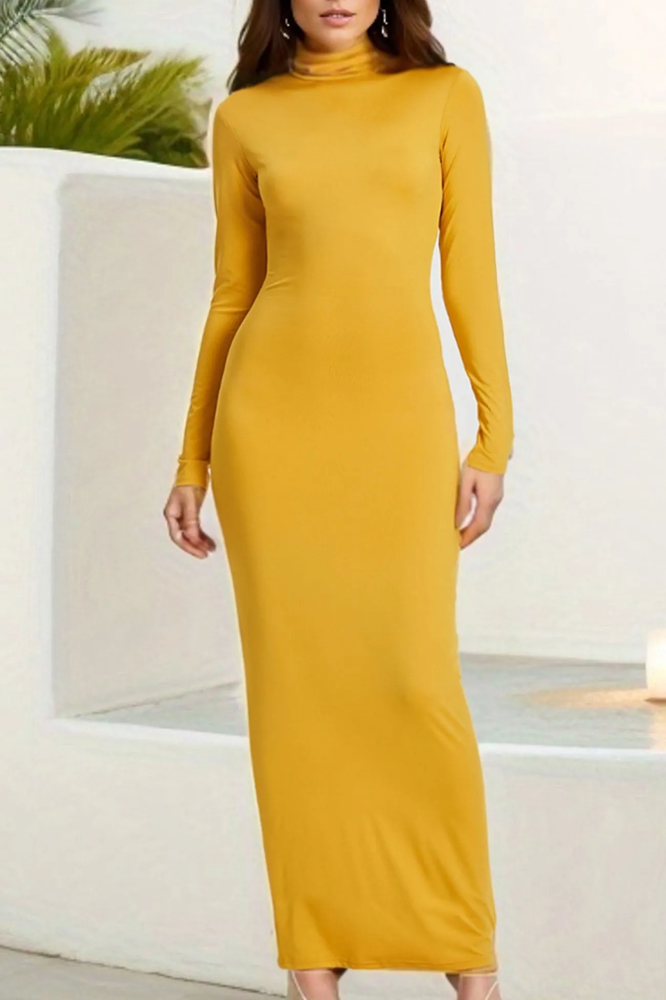 Solid Color Turtleneck Long Sleeve Bodycon Dress