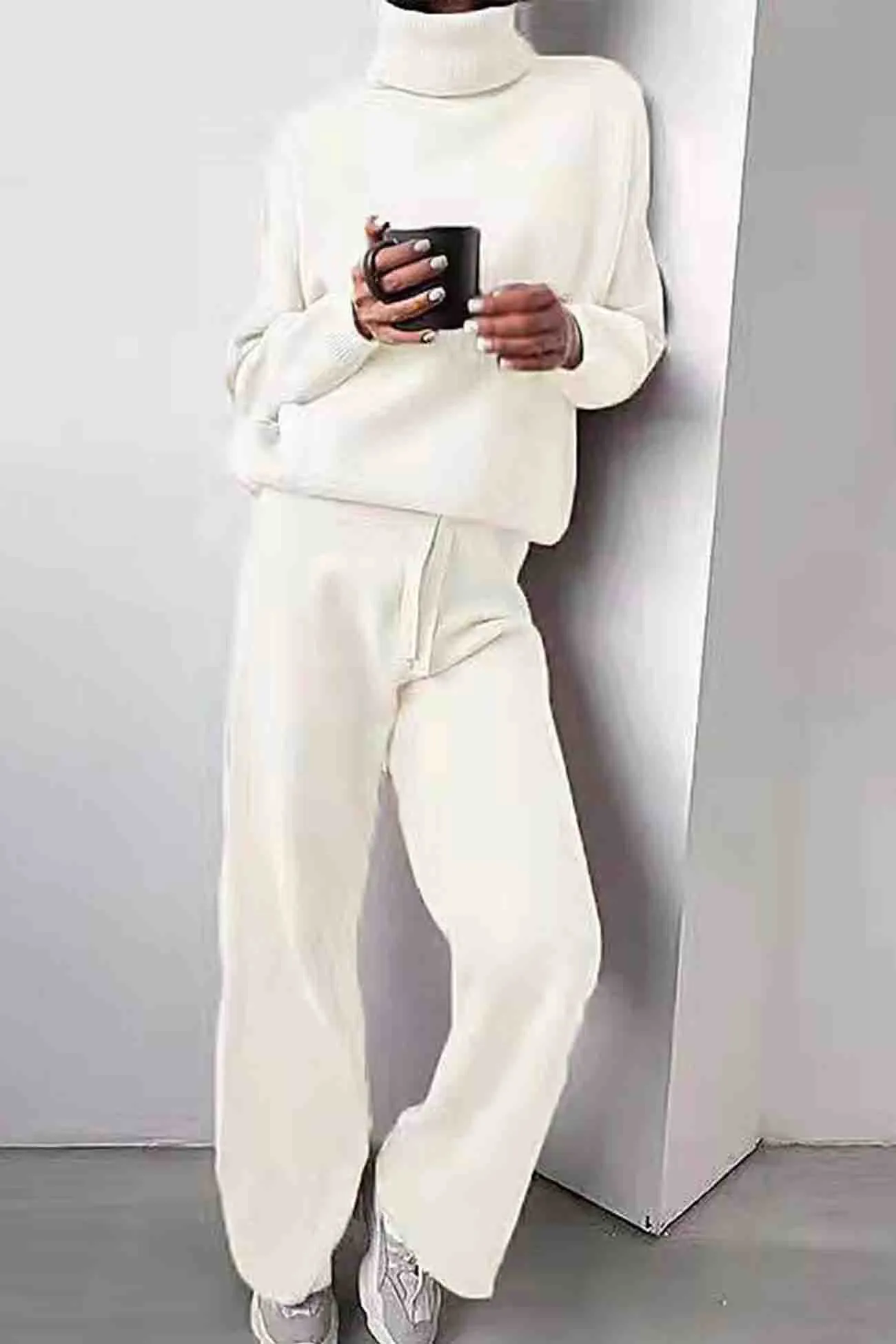 Solid Turtleneck Long Sleeve Long Pant Knitted Set