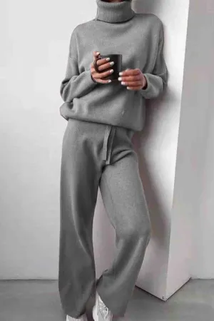 Solid Turtleneck Long Sleeve Long Pant Knitted Set