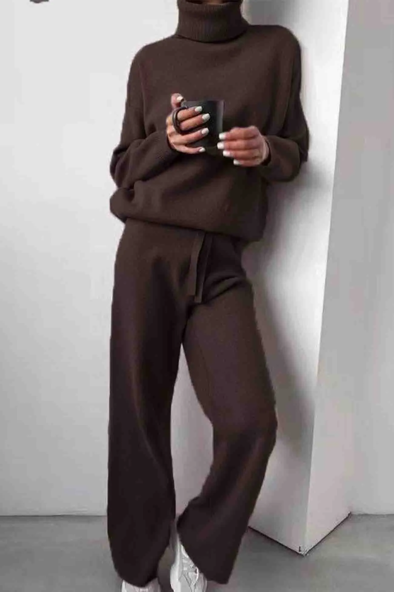 Solid Turtleneck Long Sleeve Long Pant Knitted Set