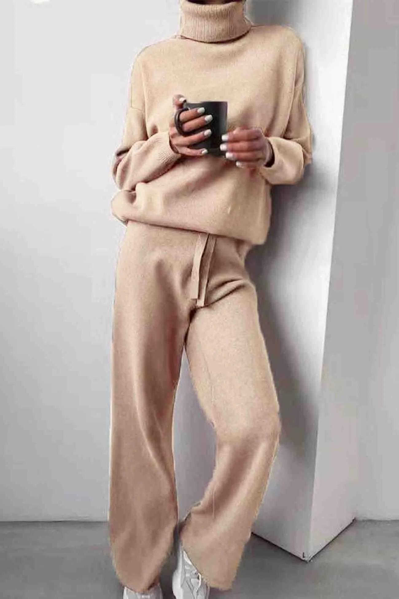 Solid Turtleneck Long Sleeve Long Pant Knitted Set