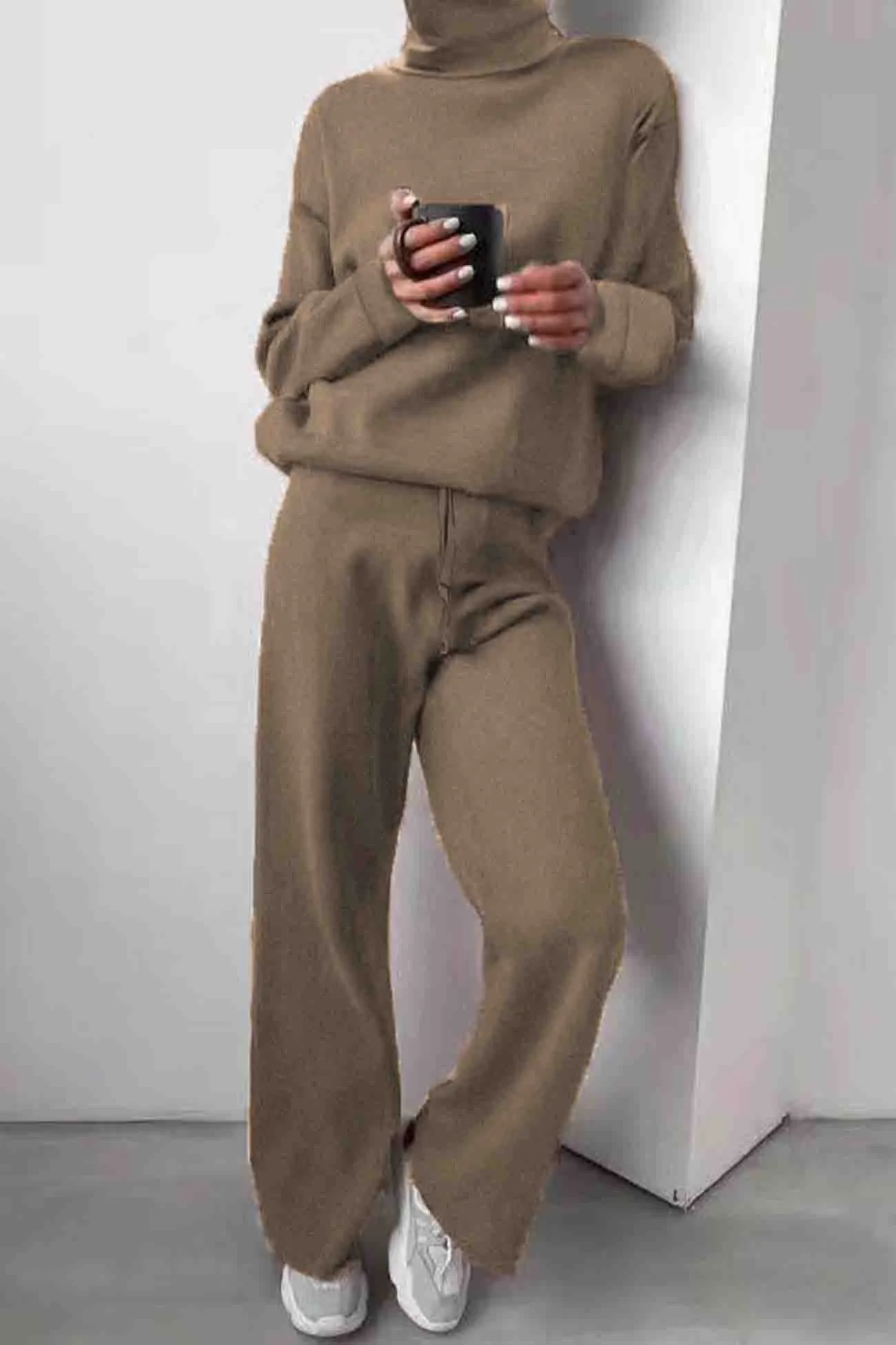 Solid Turtleneck Long Sleeve Long Pant Knitted Set