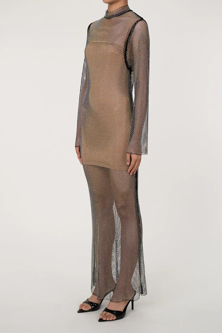 Sparkly Rhinestone Fishnet Mock Neck Long Sleeve Sheer Maxi Dress