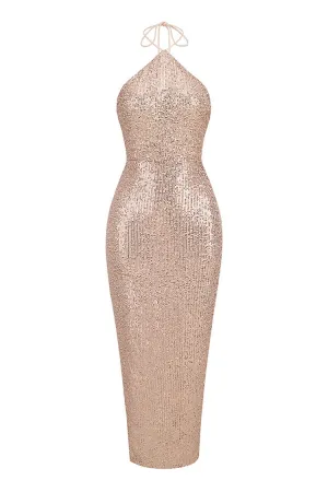 Sparkly Sequin Halter Sleeveless Bodycon Backless Split Evening Maxi Dress