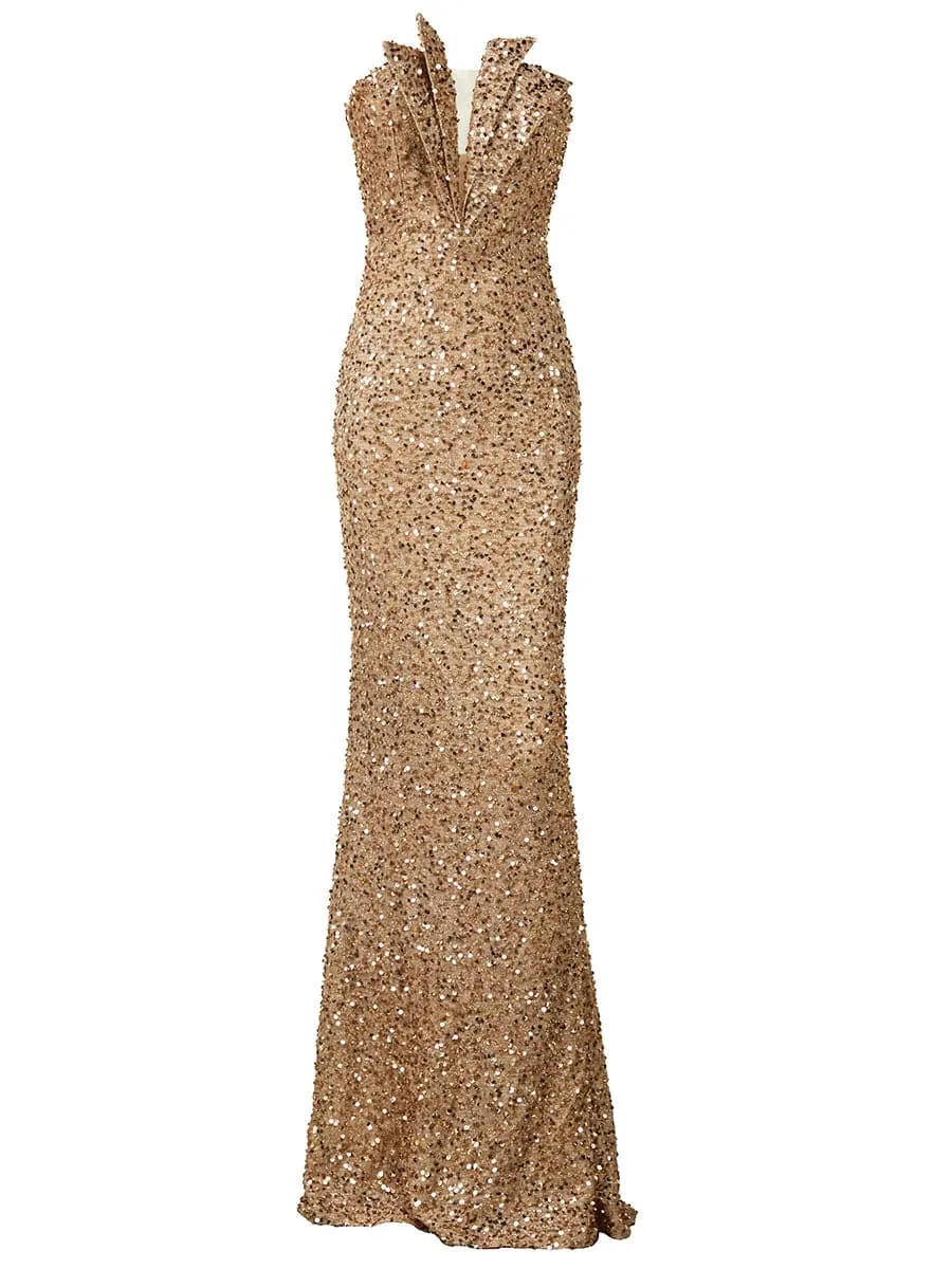 Strapless Brown Mermaid Sequin Maxi Prom Dress XJ978