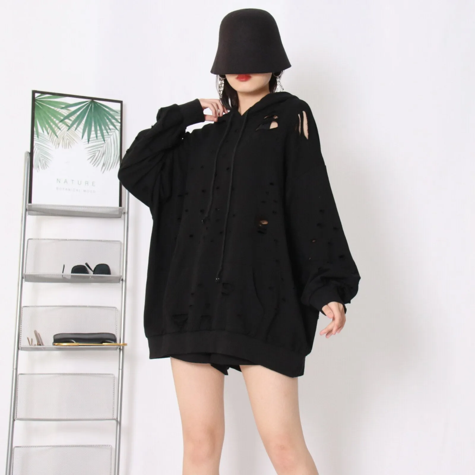 Streetwear Sweatshirt For Women Hooded Collar Long Sleeve Cut Out Solid Sweatshirts Female Spring Clothes Style