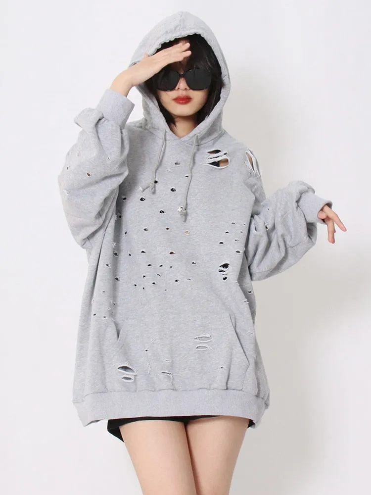 Streetwear Sweatshirt For Women Hooded Collar Long Sleeve Cut Out Solid Sweatshirts Female Spring Clothes Style