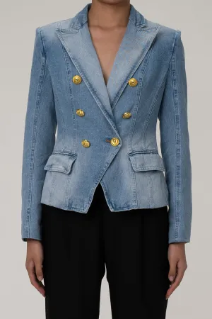 Structural Shoulder Pad Lapel Double Breasted Cinch Waist Faded Denim Blazer