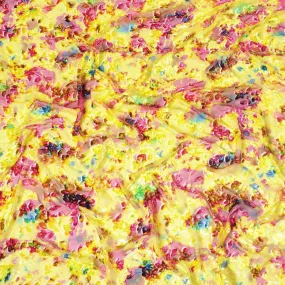 Sunflower yellow Italian Premium silk chiffon dirac (makmal) fabric with multicolor print and velvet jacquard in floral design-D8661