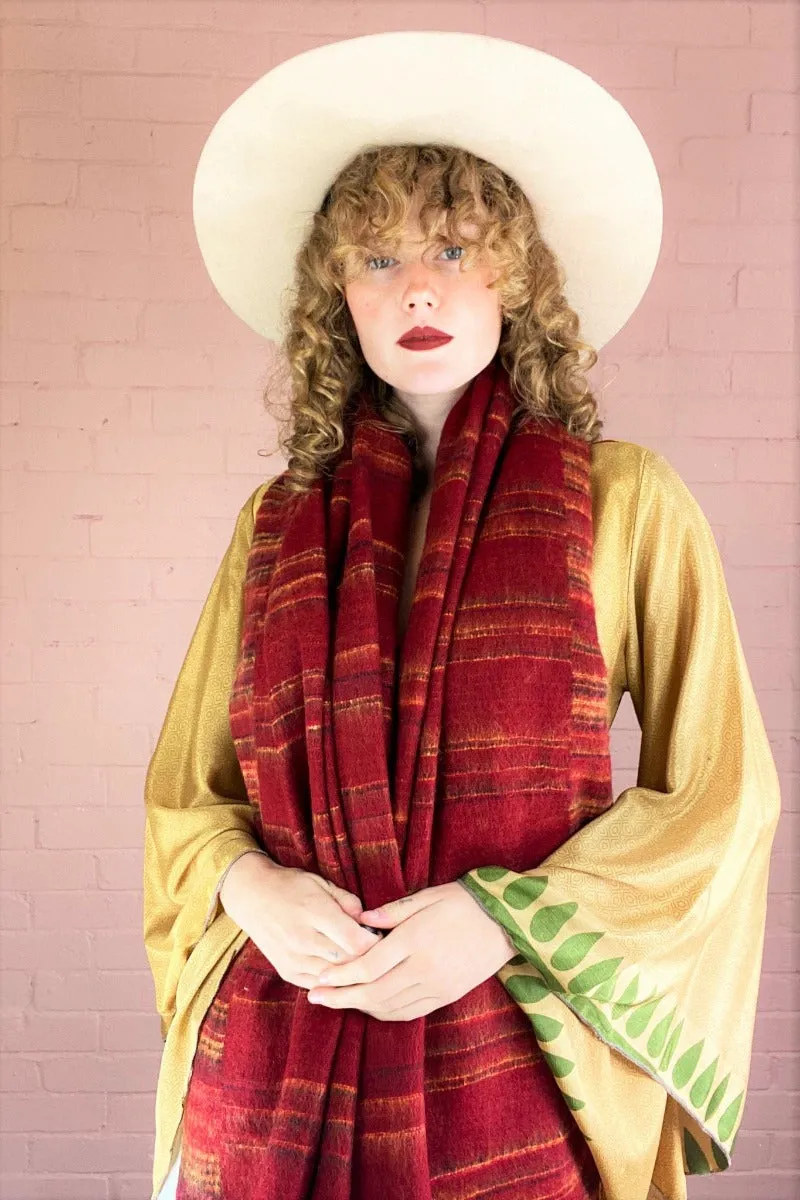 Sweet Cherry, Yellow & Black Reversible Stripe Indian Shawl/Blanket