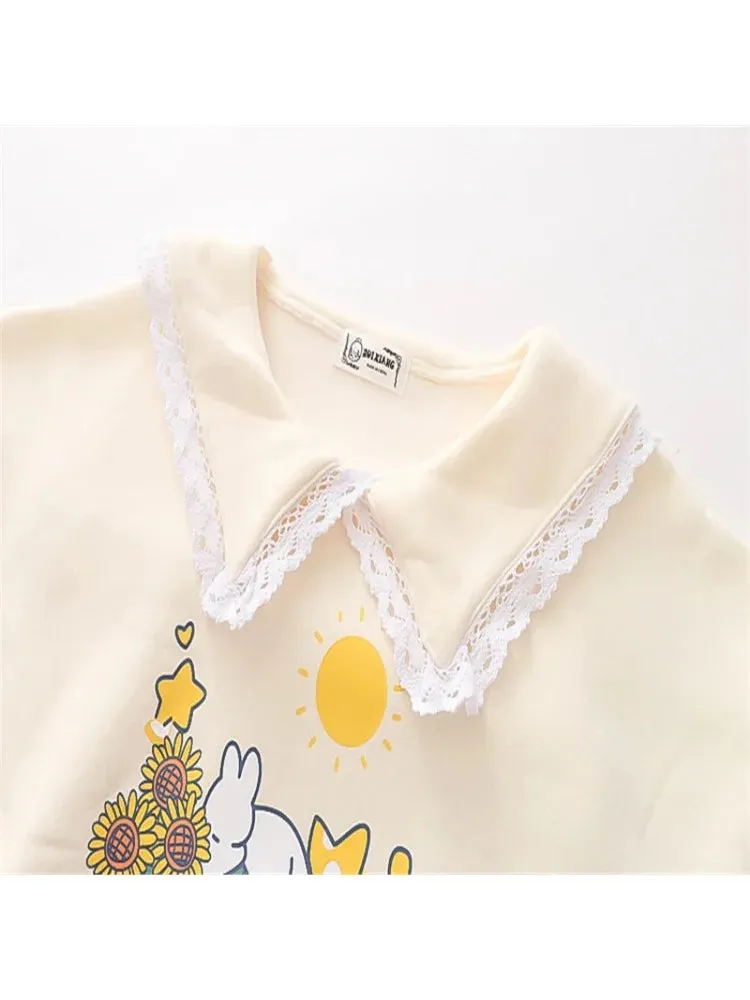 Sweet Style Kawaii Cute Women Sweatshirts Cartoon Rabbit Print Lace Patchwork Pullovers Winter Ladies Cotton Sudadera Tops