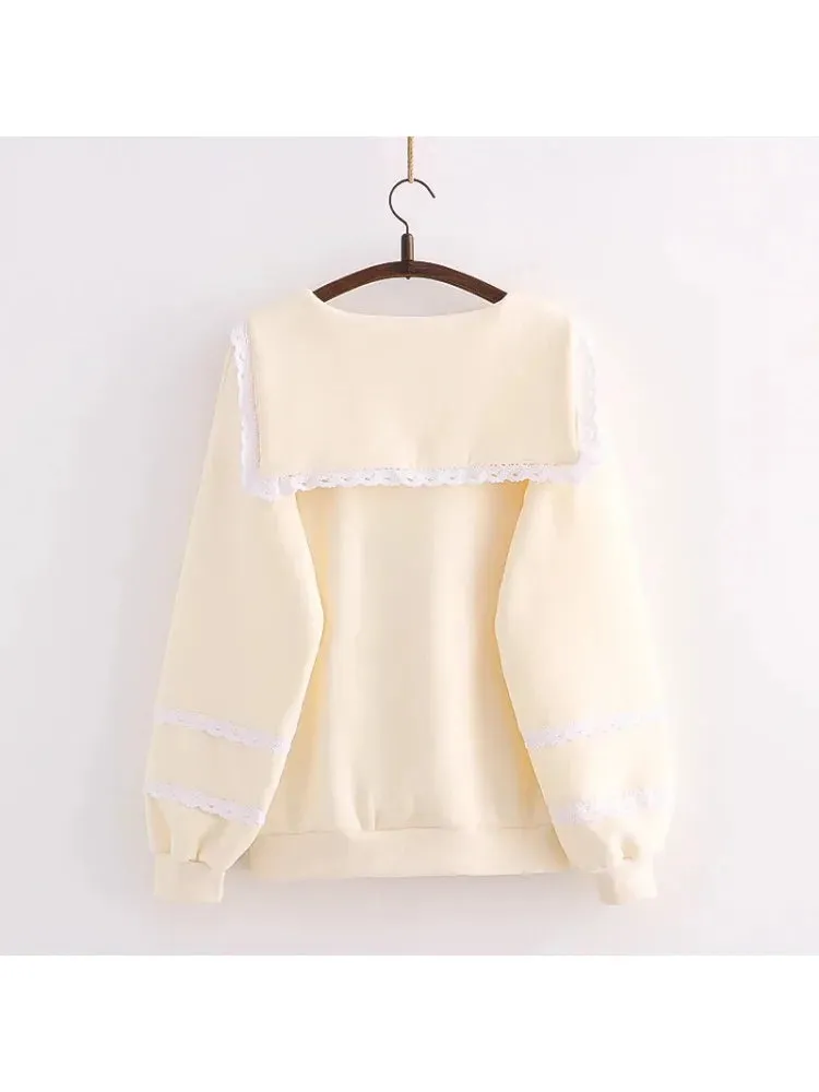 Sweet Style Kawaii Cute Women Sweatshirts Cartoon Rabbit Print Lace Patchwork Pullovers Winter Ladies Cotton Sudadera Tops