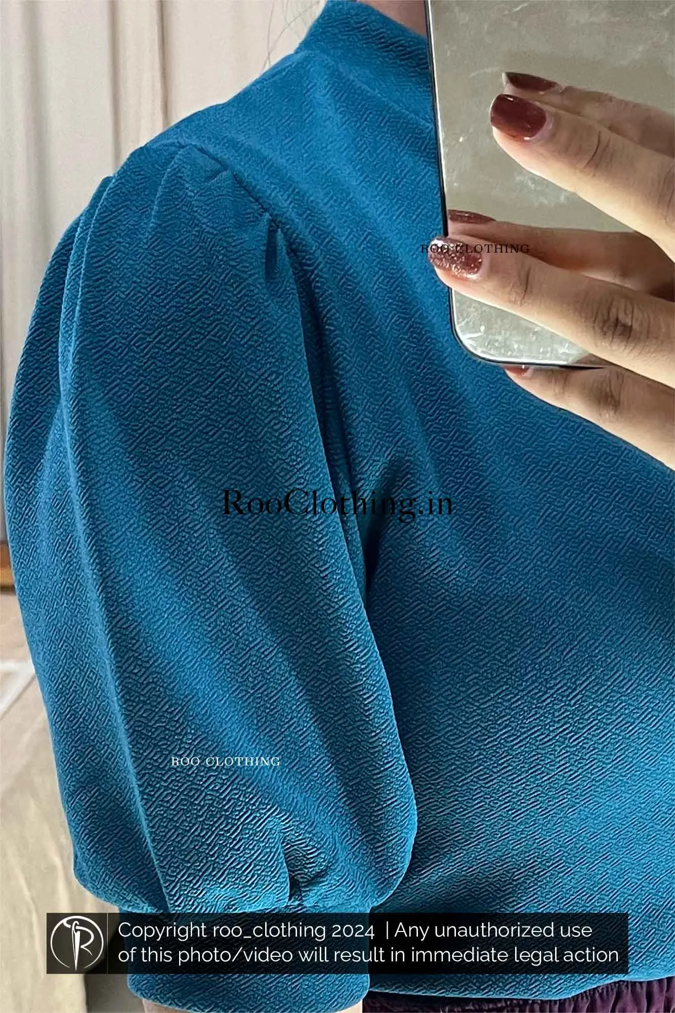 Teal Blue Crew Neck Puff Sleeves Top Only