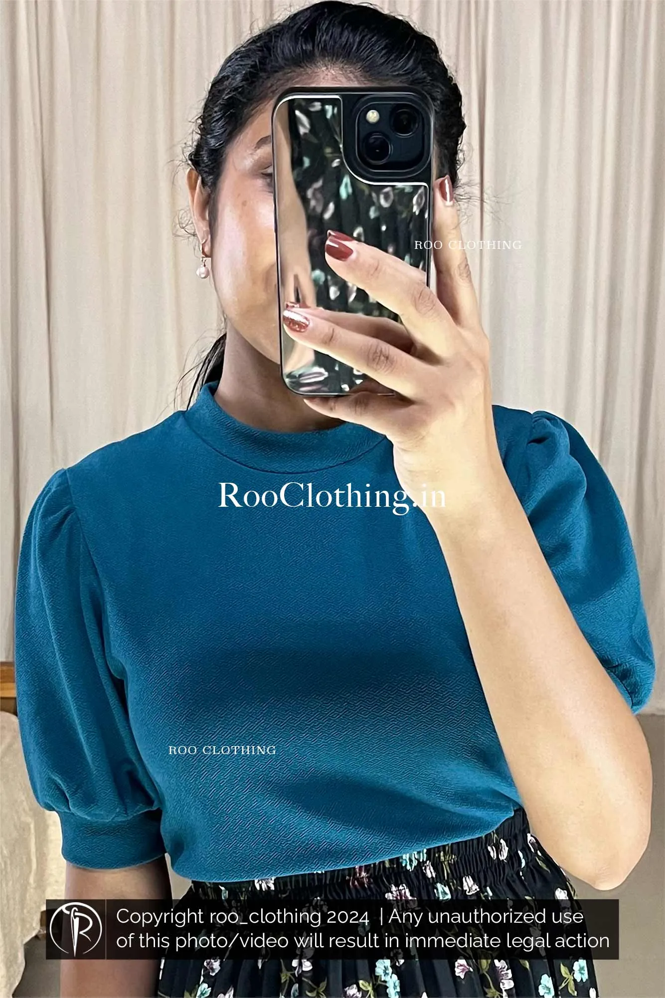 Teal Blue Crew Neck Puff Sleeves Top Only