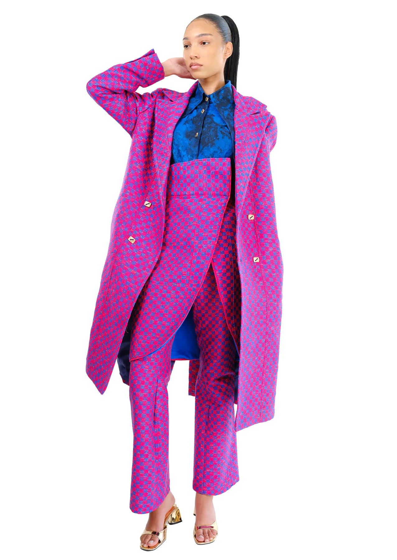 The Ella I blue and pink long and breasted Coat