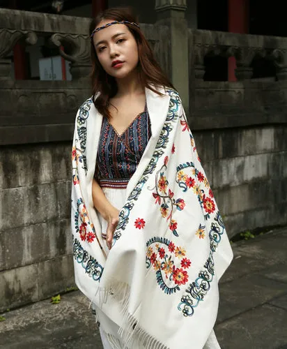 Thickened imitation cashmere embroidered scarf shawl dual-purpose autumn and winter warmth, large size high-end retro national style