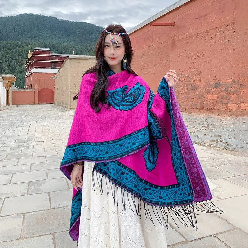 Tibetan Great Retro Totem Red Warm Outer Shawl Women's Scarf Autumn and Winter Cloak Big Cloak