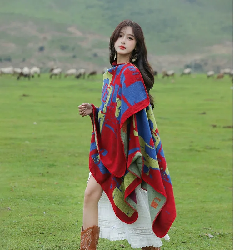 Tibetan Great Retro Totem Red Warm Outer Shawl Women's Scarf Autumn and Winter Cloak Big Cloak