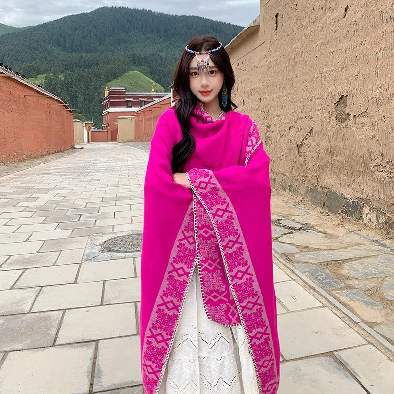 Tibetan Great Retro Totem Red Warm Outer Shawl Women's Scarf Autumn and Winter Cloak Big Cloak