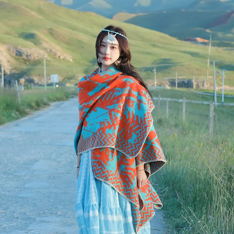 Tibetan Great Retro Totem Red Warm Outer Shawl Women's Scarf Autumn and Winter Cloak Big Cloak