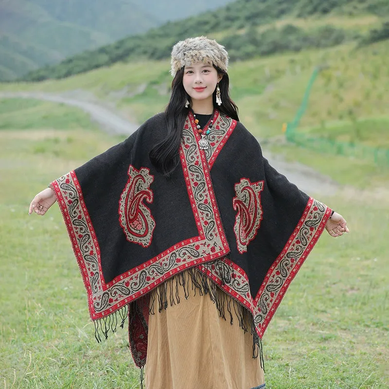 Tibetan Great Retro Totem Red Warm Outer Shawl Women's Scarf Autumn and Winter Cloak Big Cloak