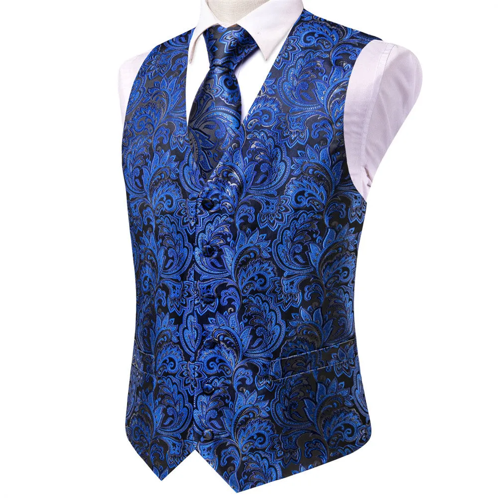 Ties2you Dark Blue Floral V-Neck Silk Vest Necktie Set