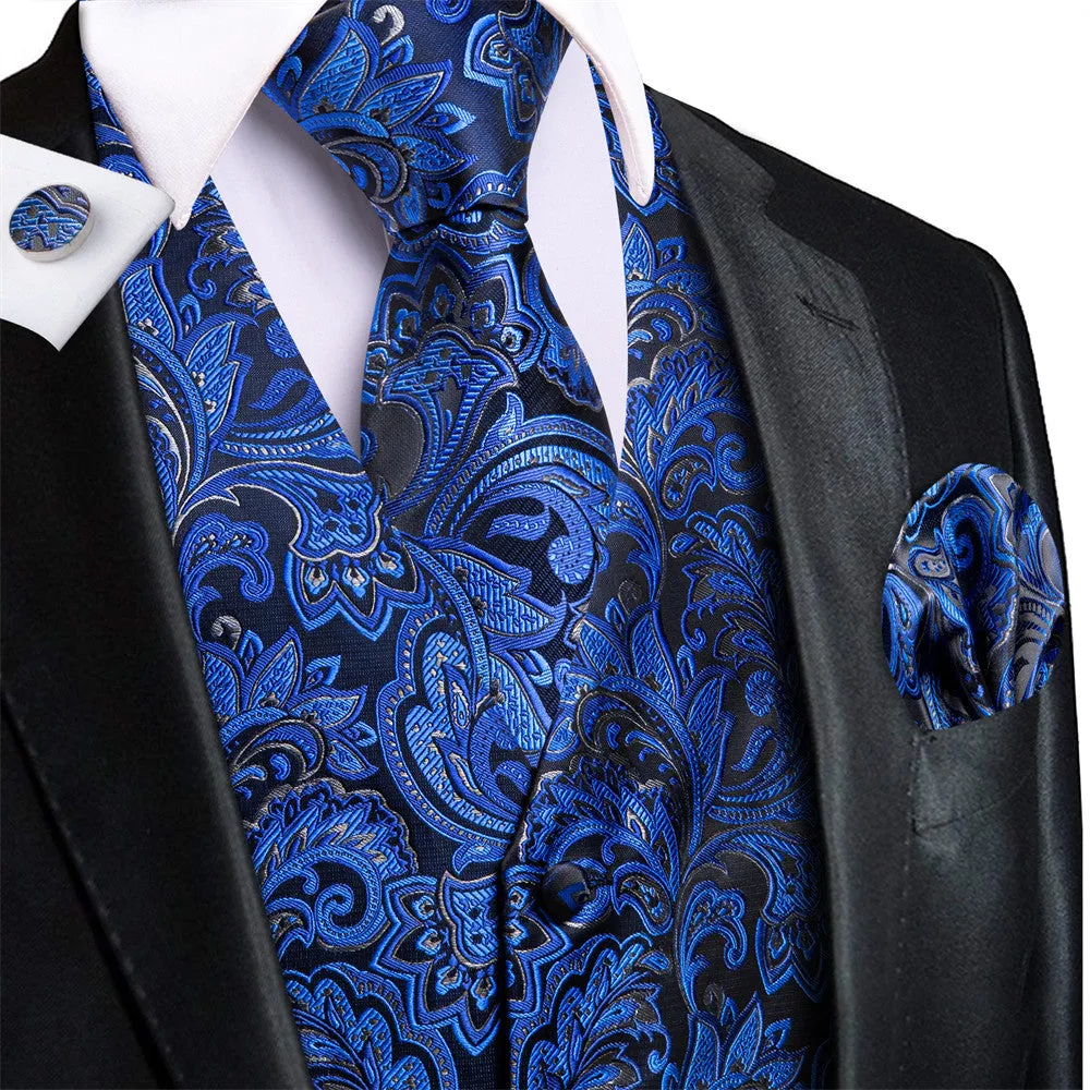 Ties2you Dark Blue Floral V-Neck Silk Vest Necktie Set