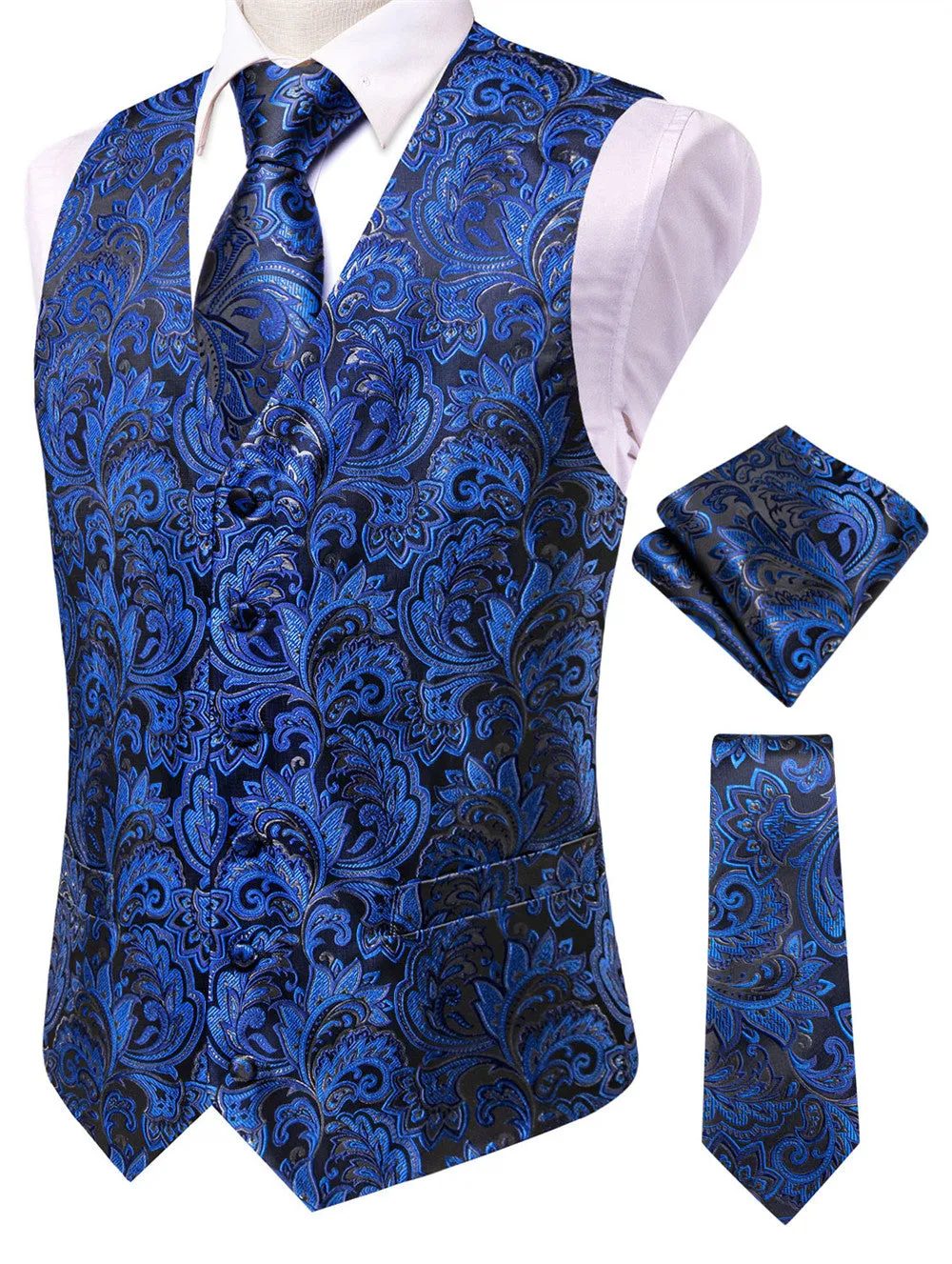 Ties2you Dark Blue Floral V-Neck Silk Vest Necktie Set