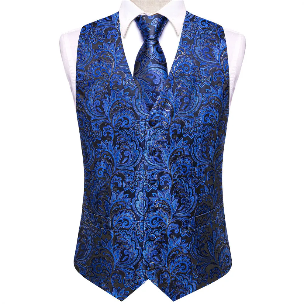 Ties2you Dark Blue Floral V-Neck Silk Vest Necktie Set