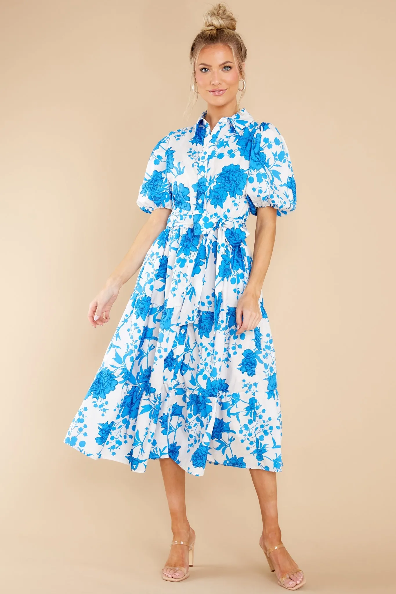 Timeless Touch White And Blue Floral Print Midi Dress