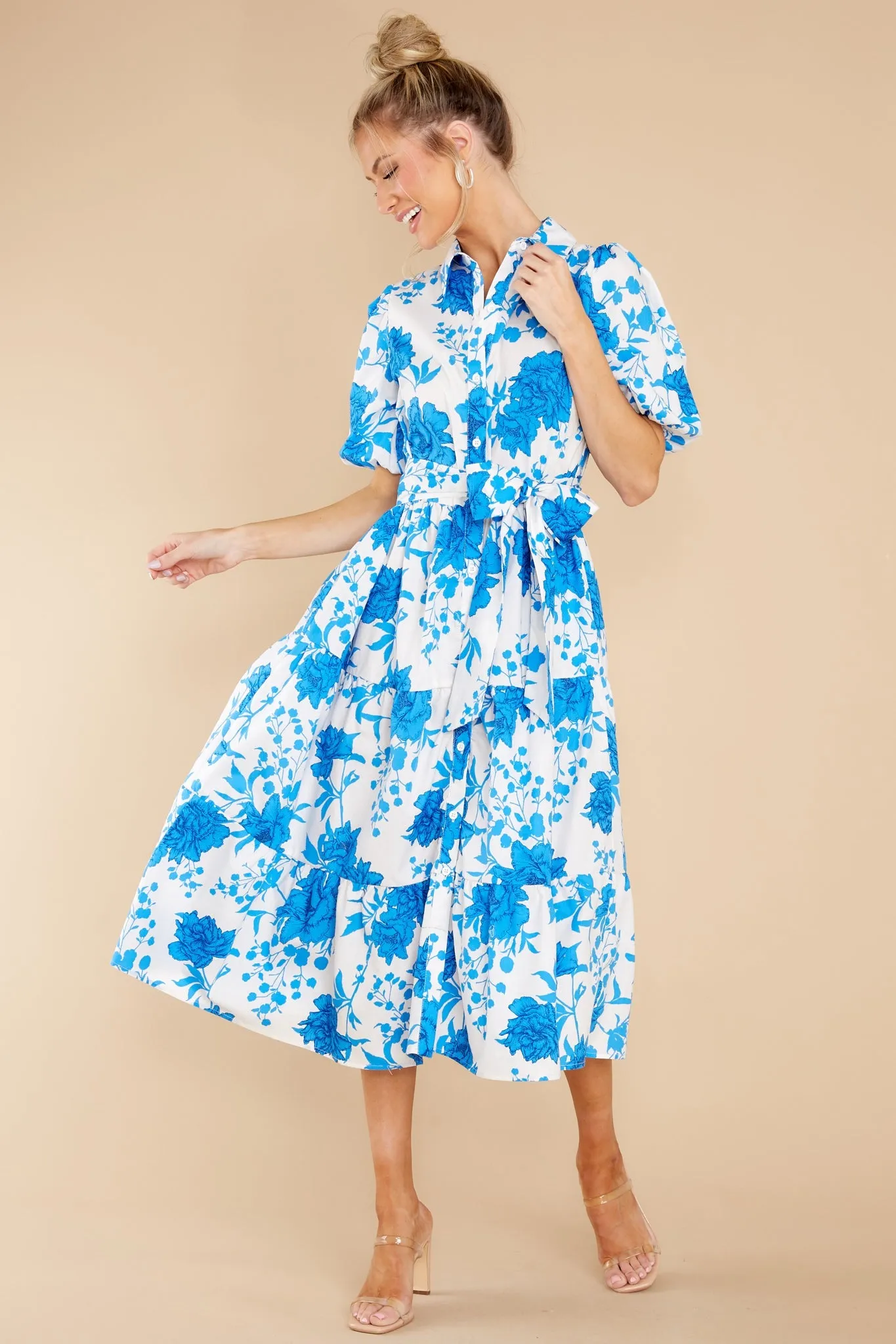 Timeless Touch White And Blue Floral Print Midi Dress