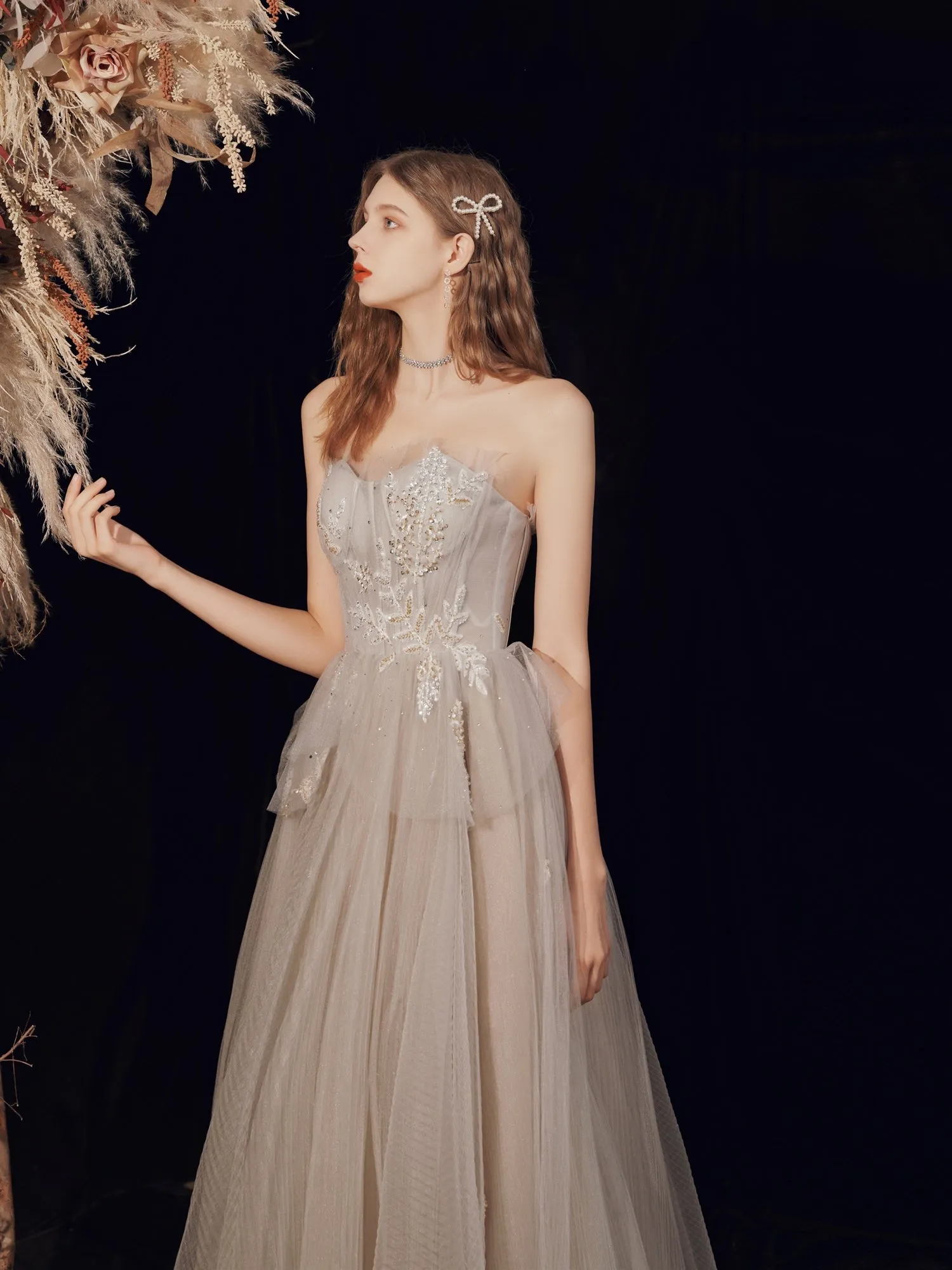 Tulle Flowy Boho Light Gray Prom Dress