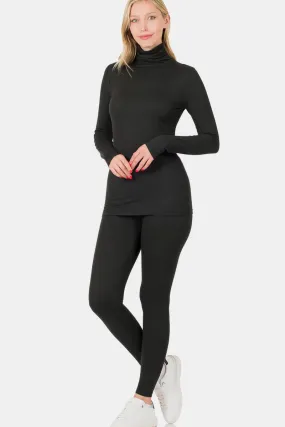 Turtleneck Top and Leggings Lounge Set - Black