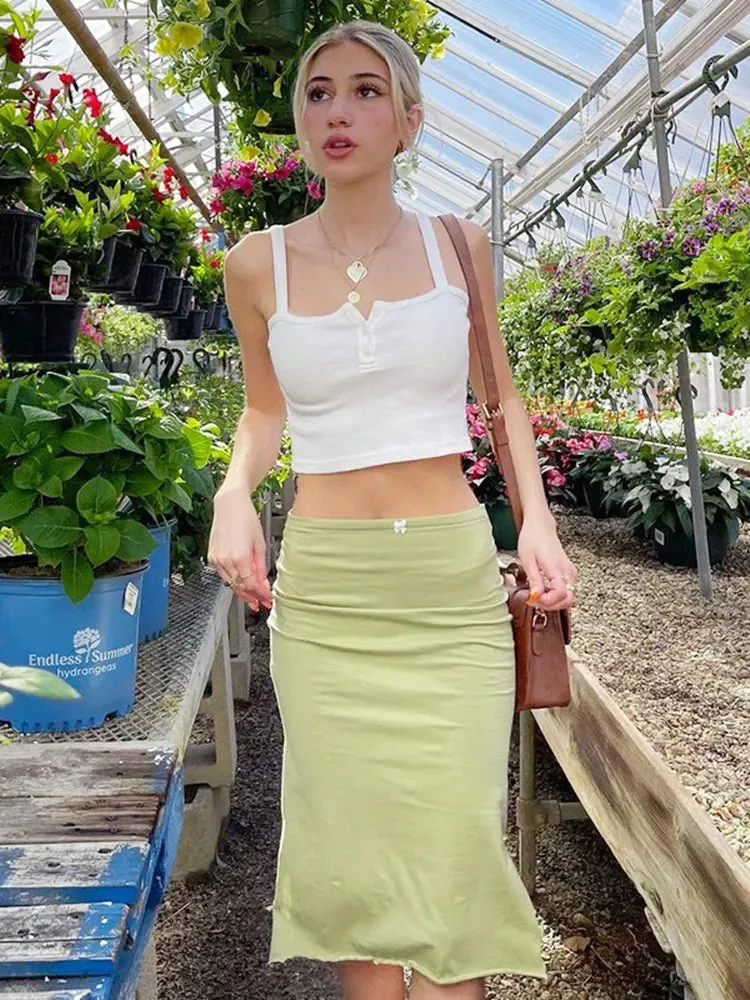 Uniwim Solid Long Y2k Skirt Low Waist Women Clothing Bow Decor Edible Tree Fungus Summer Dress Light Green Side Split Faldas Largas