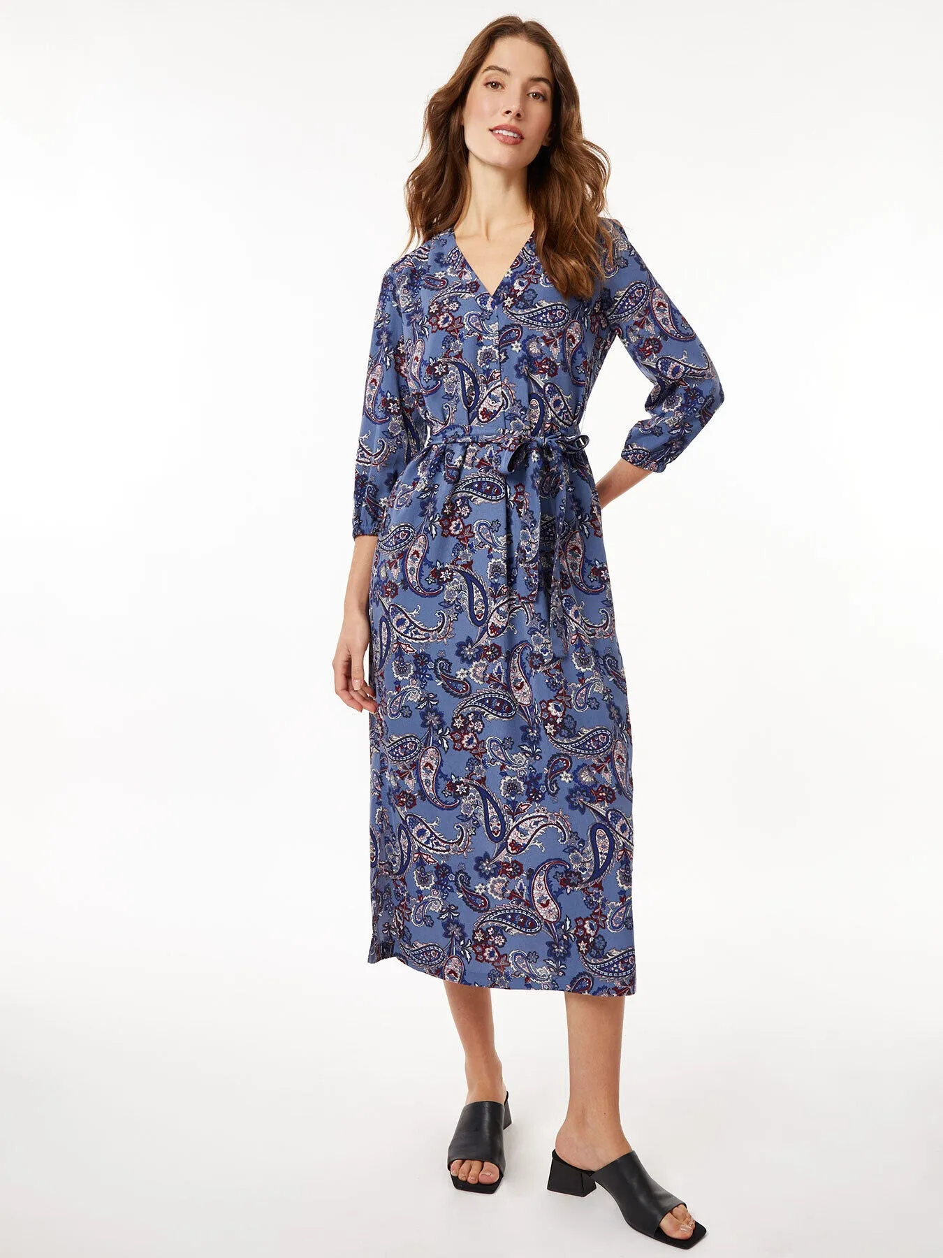 V-Neck Belted Crepe de Chine Midi Dress