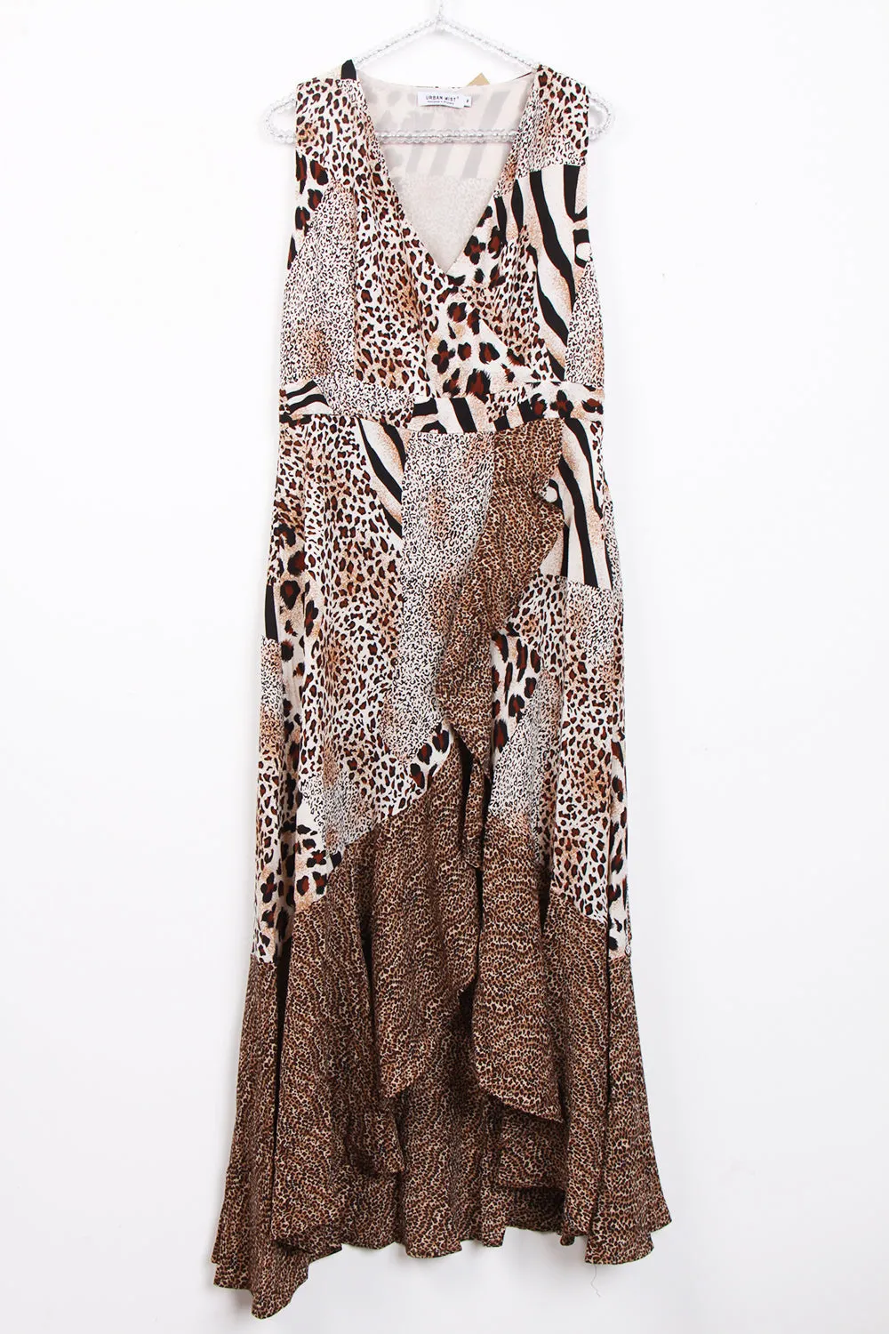 V Neck Chiffon Leopard Print Frill Maxi Dress